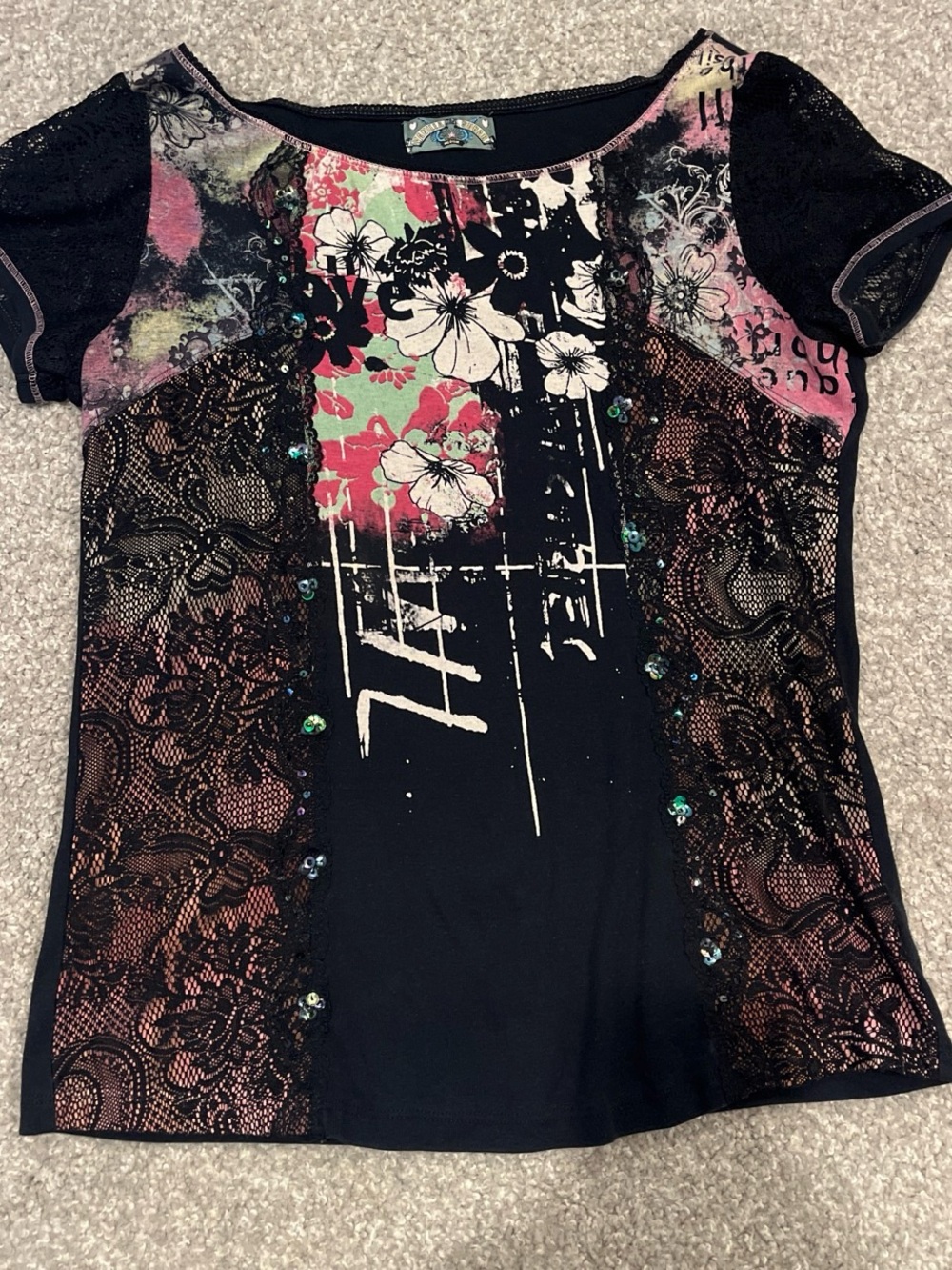 Vanilla Sugar Black Floral Graphic Lace Accent Tee